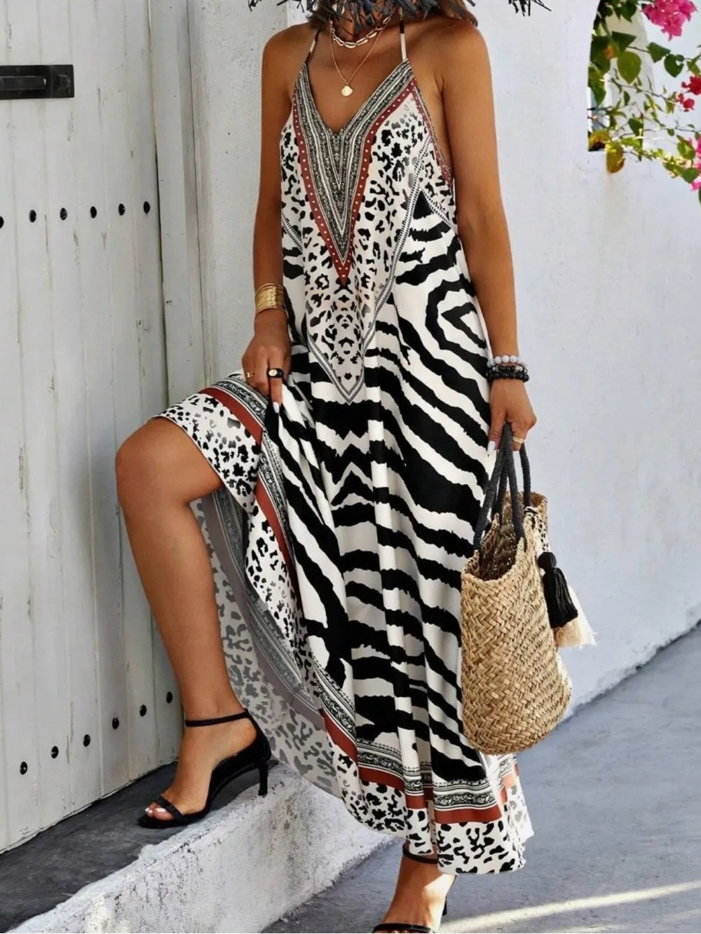 Sleeveless Black & White Zebra Print Maxi Dress with Rust Accent